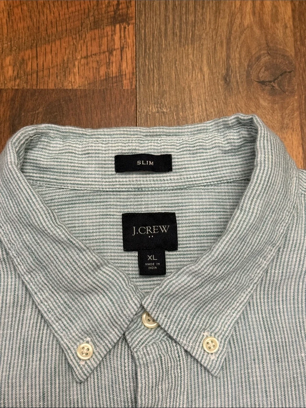 J. Crew Slim Fit Linen Blend Button Down Shirt Green White Stripe XL